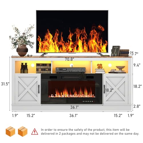 Grey 70 Inch TV Stand with Electric Fireplace and Barn Door Cabinet X624