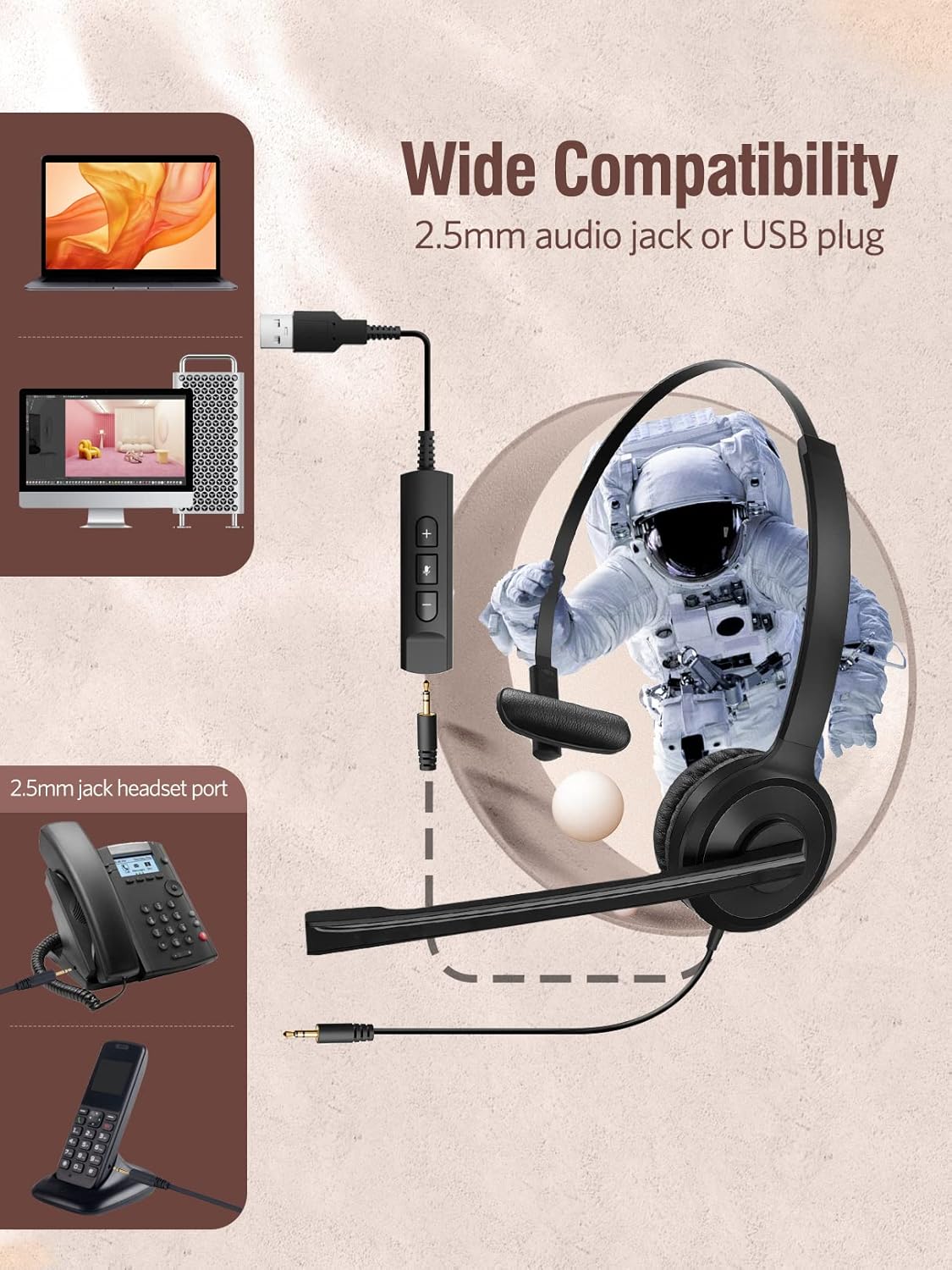 Single-Sided USB Headset with Microphone Noise Cancelling, 2.5mm F1405
