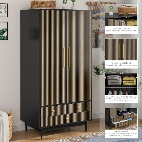 White 64.96" Wooden Armoire Wardrobe with 2 Doors, Hanging Rod, Shelf, 3 Drawers M69198