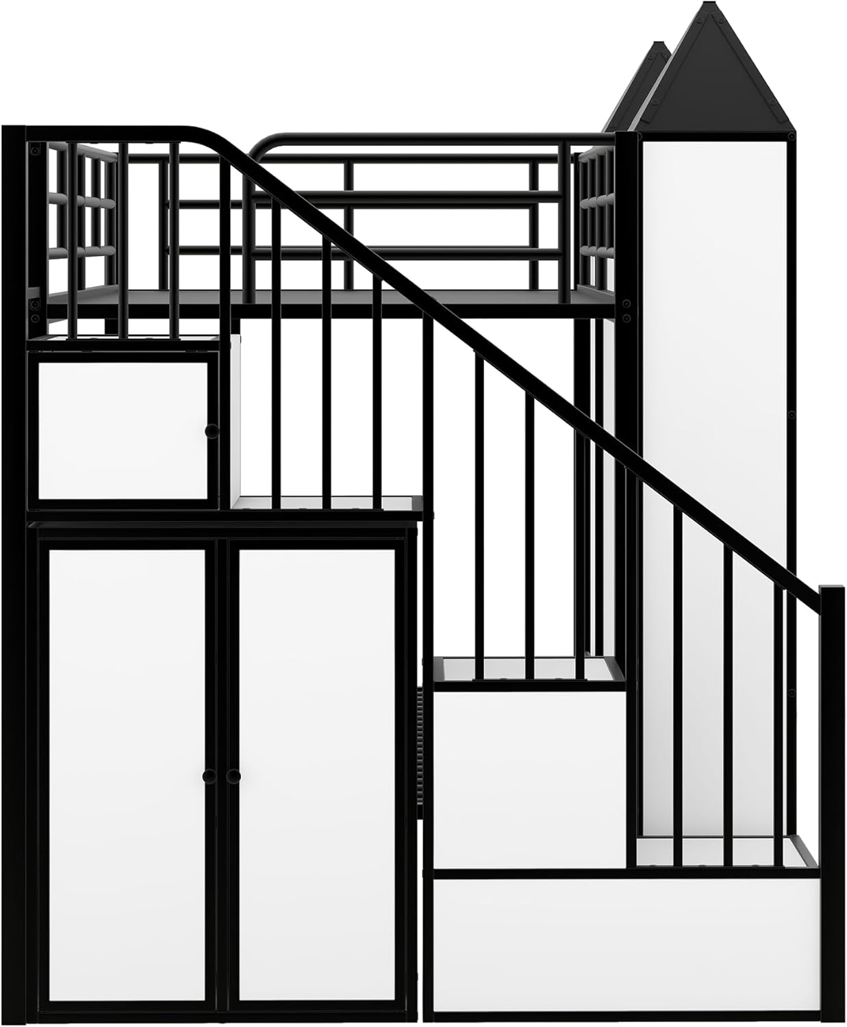 Black+White Twin Over Twin Metal Bunk Bed with Stairs and Storage Z273