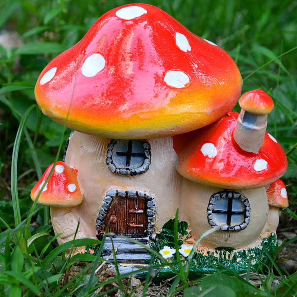 Red Synthetic Resin Mushroom House Sculpture 3.9x3.1x3.7 inch U528