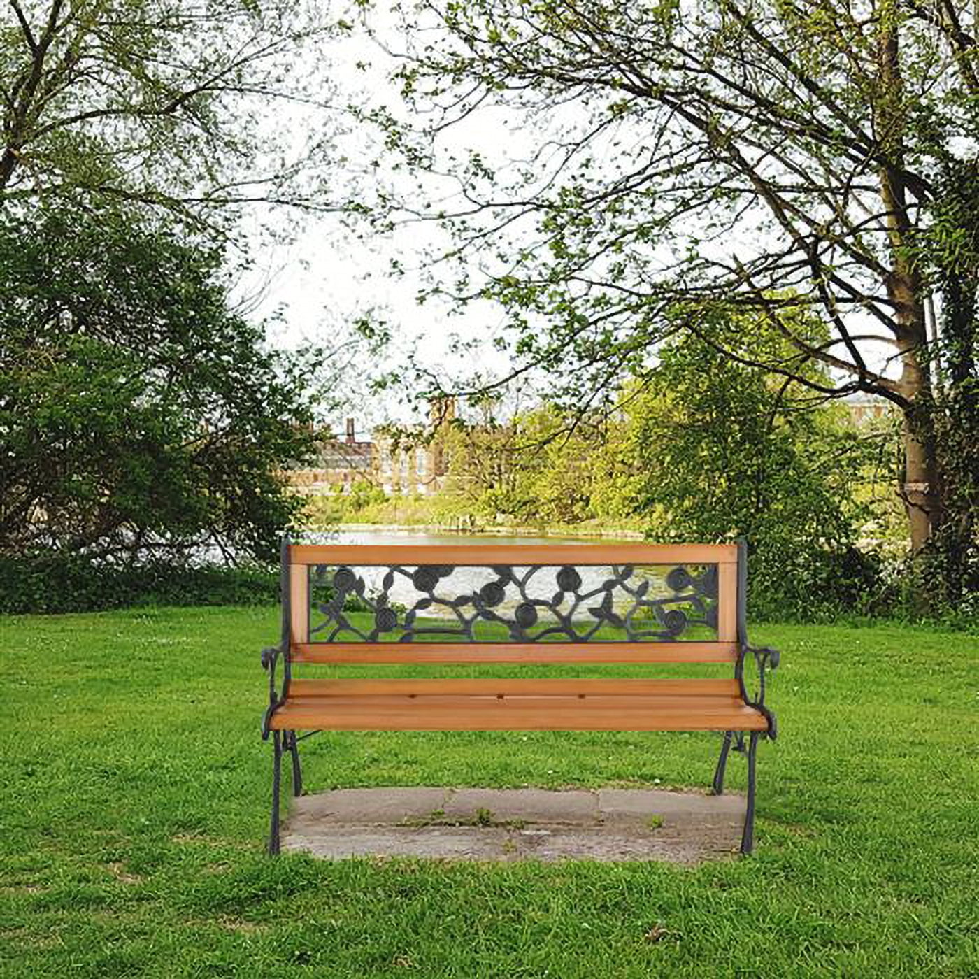 49-Inch Cast Iron Steel Frame Hardwood Garden Bench with Floral Design Backrest E14993