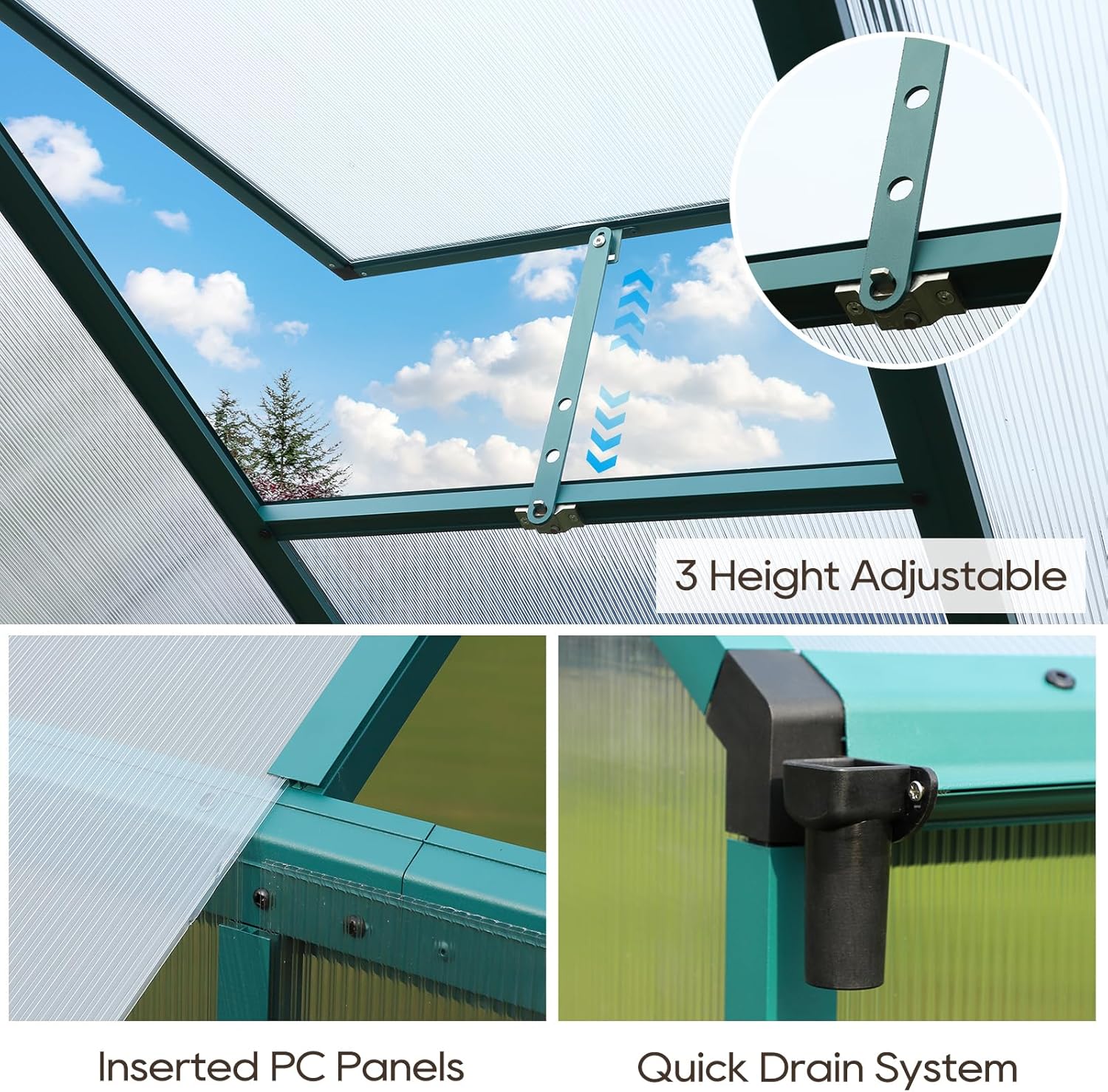 Aluminum Polycarbonate Greenhouse 6'x 8' with Adjustable Roof Vent and Rain Gutter W917979