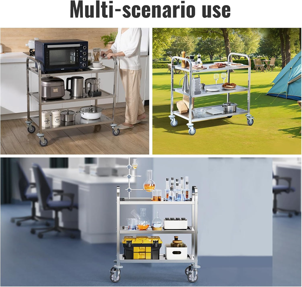 Stainless Steel 3 Shelves Rolling Lab Cart with Foot Brake T7239