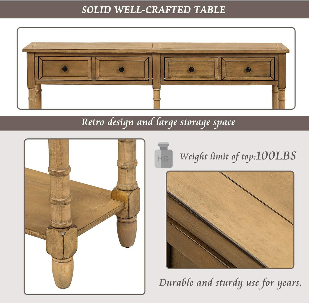 Old Pine Solid Wood Console Sofa with Two Storage Drawers and Bottom Shelf X61086