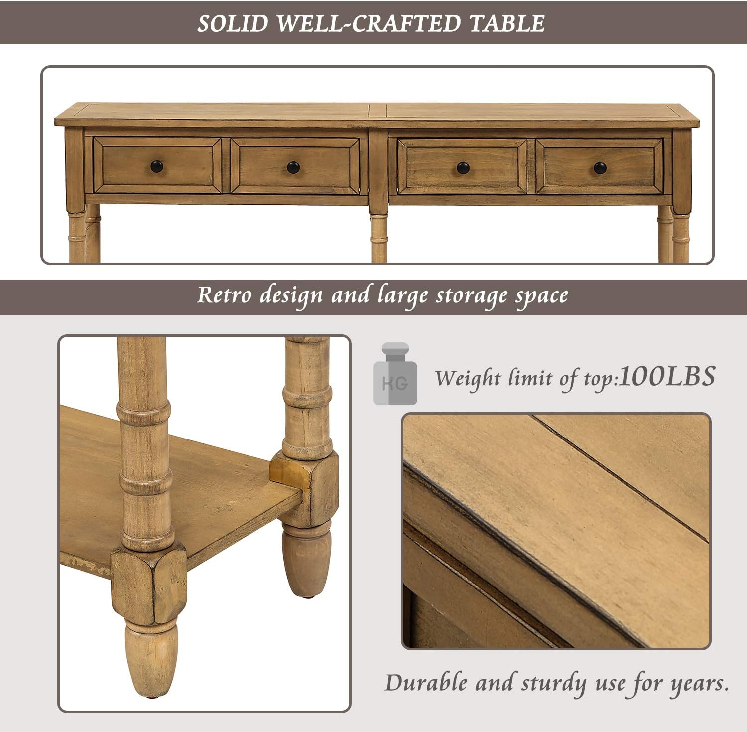 Old Pine Solid Wood Console Sofa with Two Storage Drawers and Bottom Shelf X61086