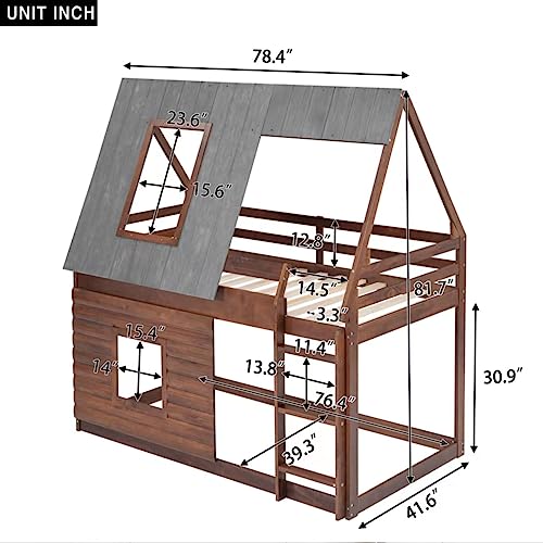 Oak & Smoky Grey Twin Over Twin Wood Bunk Bed with Roof and 2 Windows K11720