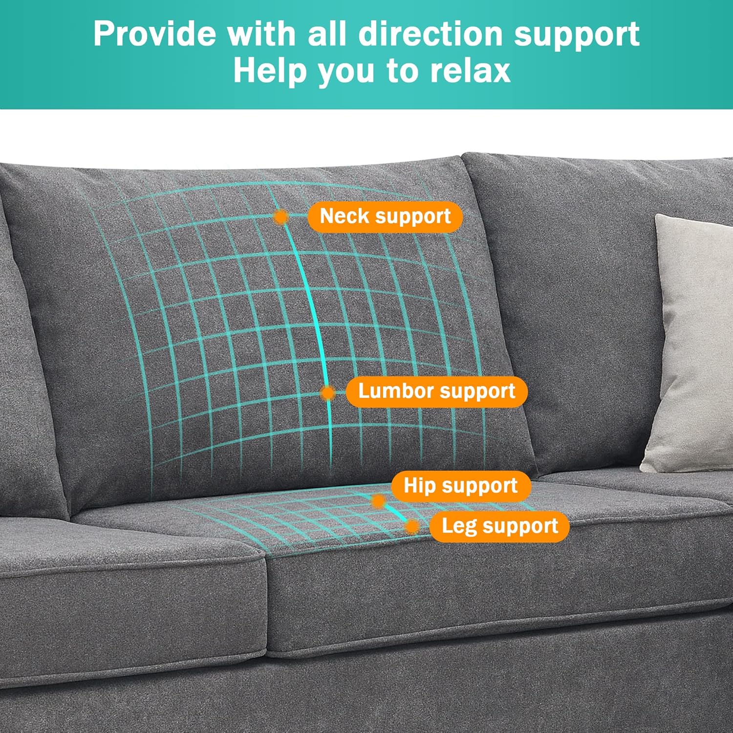 Gray L-Shape Upholstered Sectional Sofa with 3 Pillows U588