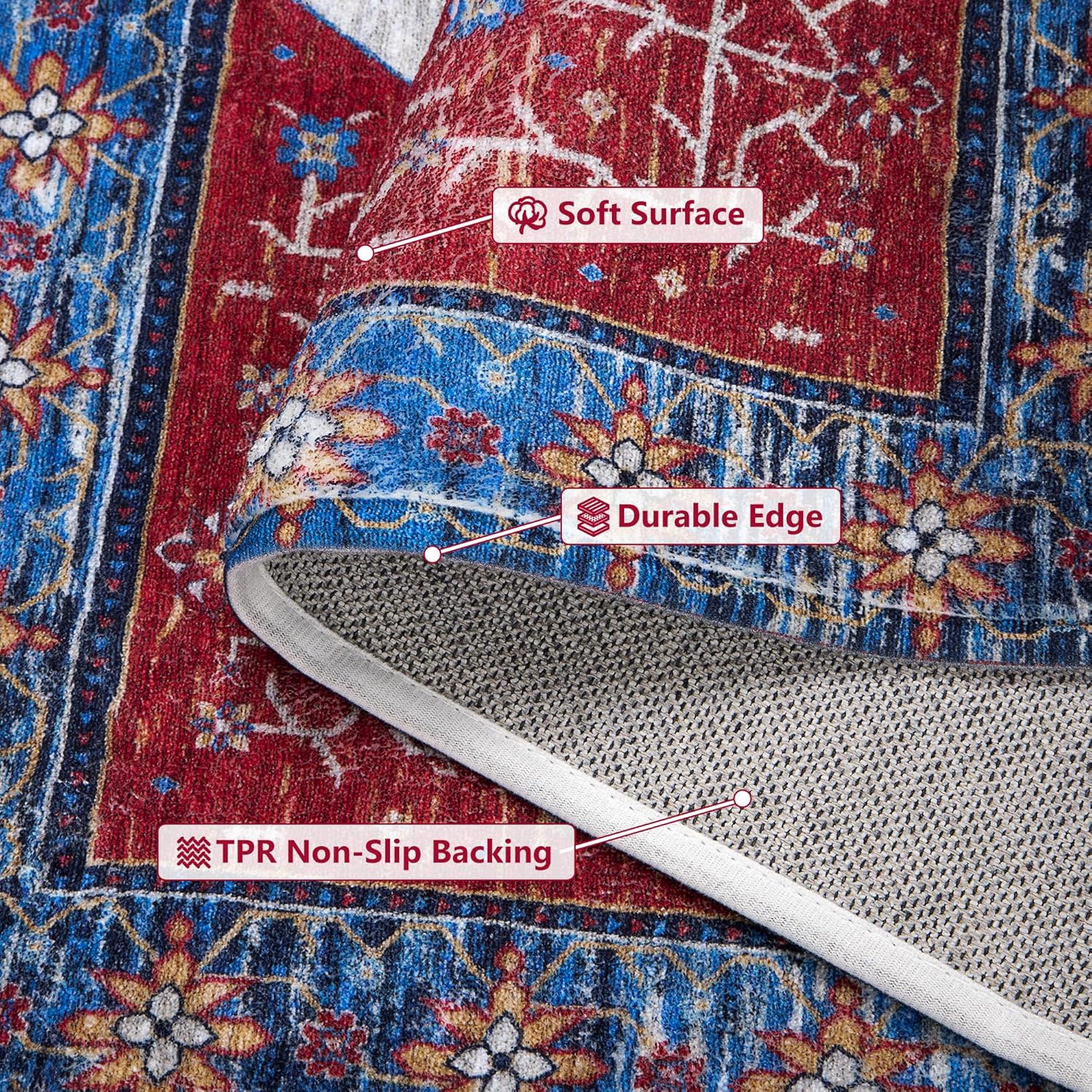 Red/Multi 2'x3' Non Slip Washable Distressed Low-Pile Rug O345543