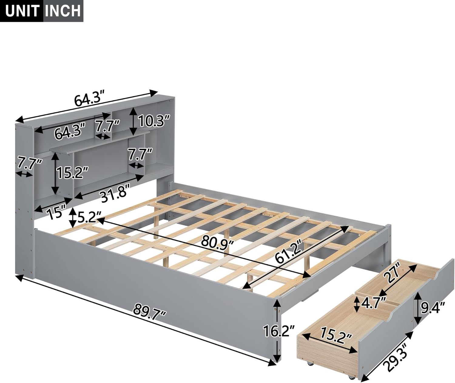 Gray Queen Size Wooden Platform Bedframe with Bookcase Headboard and 2 Storage Drawers R76788