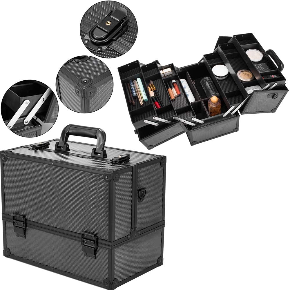 Portable Makeup Train Case with Lock and Compartments, black J41765