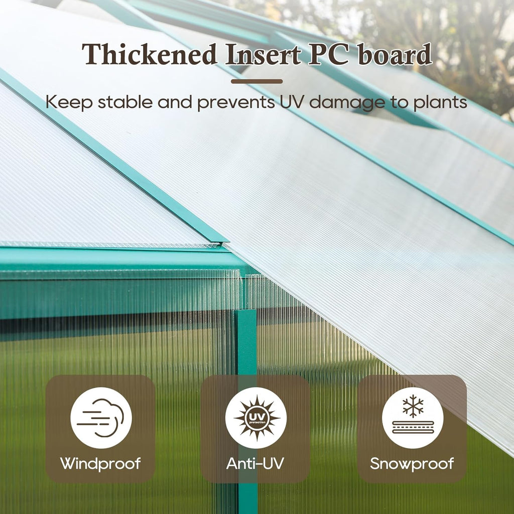 Aluminum Polycarbonate Greenhouse 6'x 8' with Adjustable Roof Vent and Rain Gutter W917979