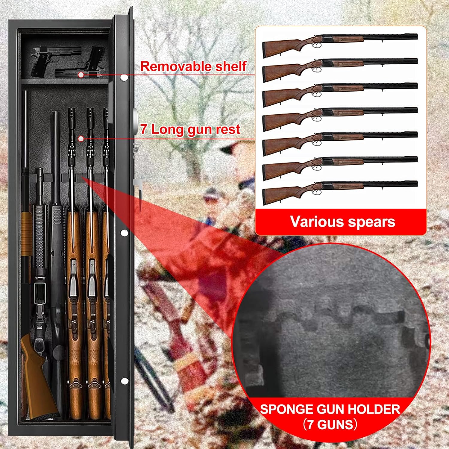 Large Long Gun Safe with Biometric Lock, Fireproof, Removable Gun Rack M207366