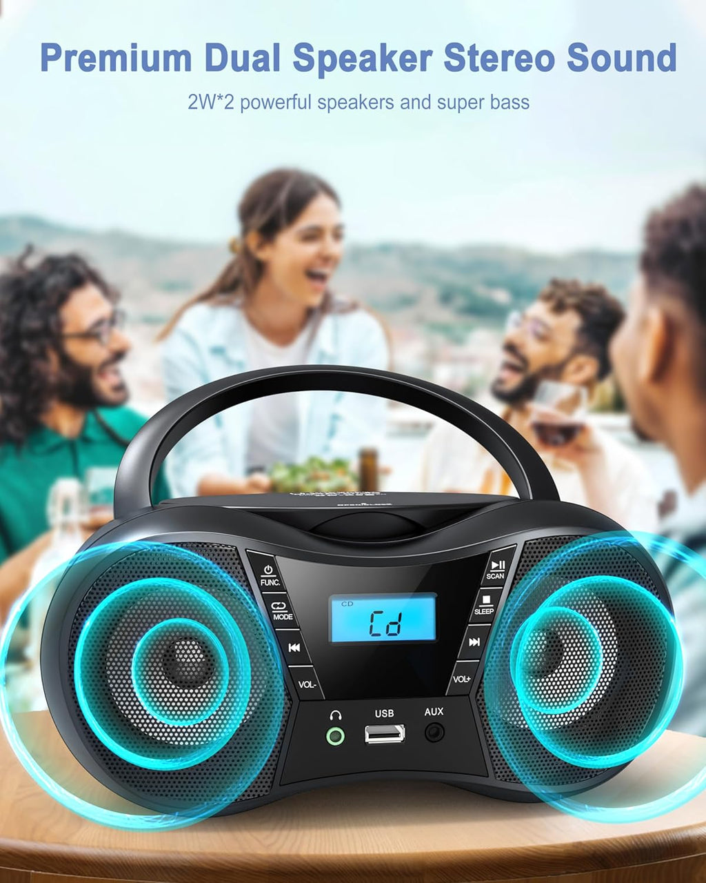 Portable CD Player Boombox with FM Radio, Bluetooth, LCD Display, USB/AUX Input, AC/Battery Powered O860