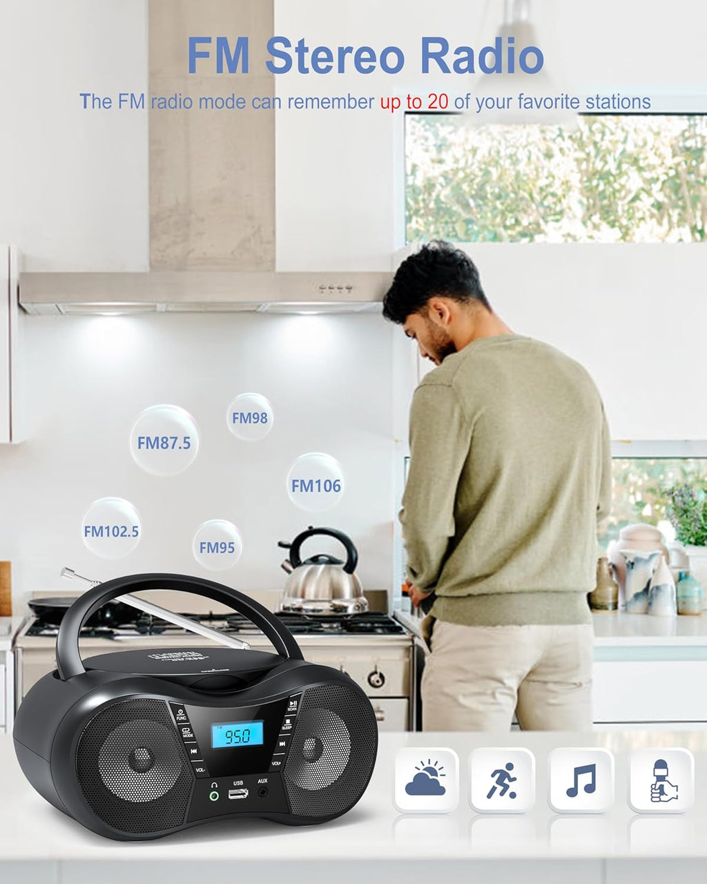Portable CD Player Boombox with FM Radio, Bluetooth, LCD Display, USB/AUX Input, AC/Battery Powered O860