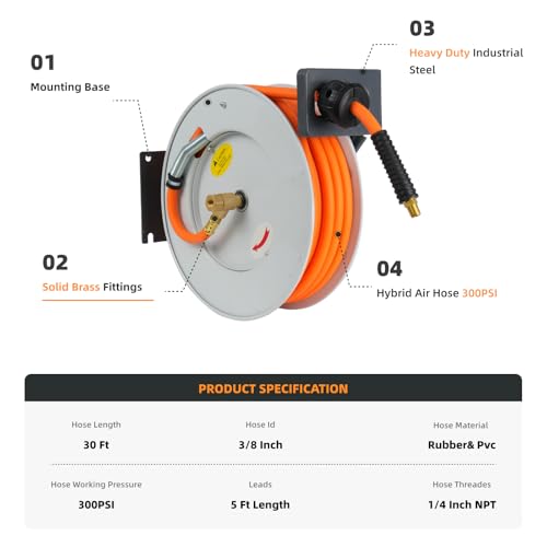 3/8 IN x 30 FT Hybrid Air Hose Reel, 300 PSI Q8156