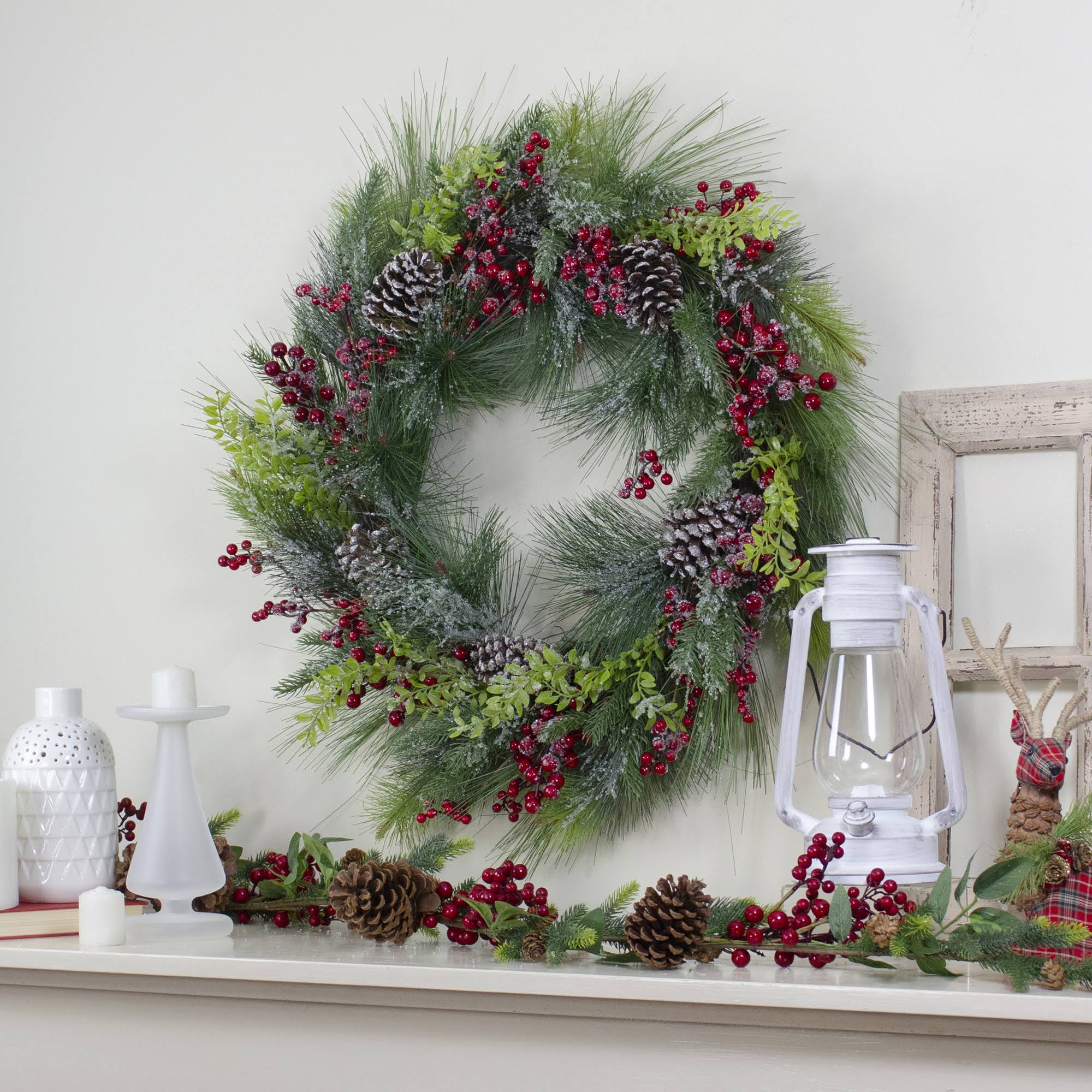 Iced Red Berries and Mixed Pine Artificial Christmas Wreath D82807