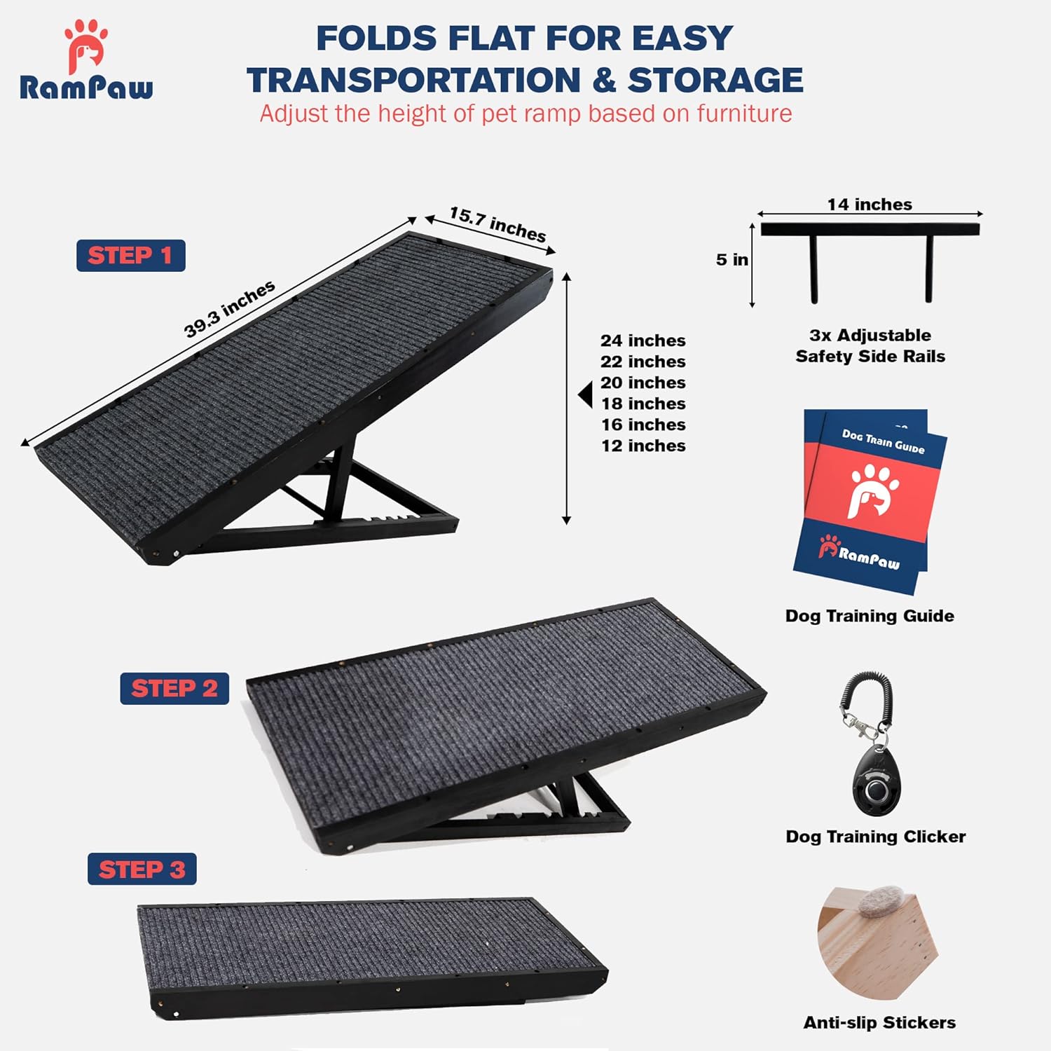 Adjustable Pet Ramp with Non Slip Traction Mat, Safety Side Rails (Black) D594607