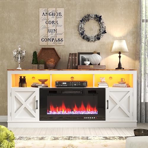 Grey 70 Inch TV Stand with Electric Fireplace and Barn Door Cabinet X624