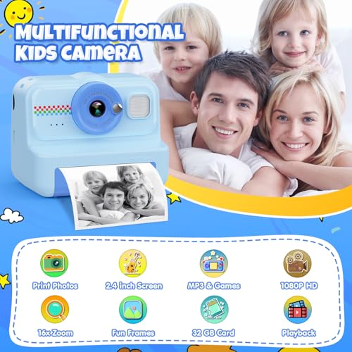 1080P HD Kids Instant Print Camera with 3 Rolls Print Paper & 32GB Card (Black) H258