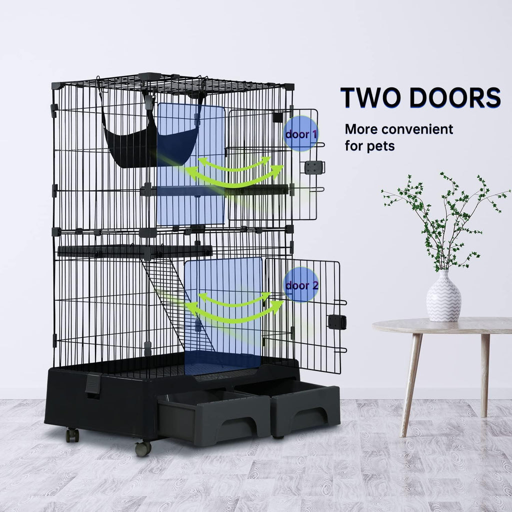 Large Metal Wire Cat Cage with Litter Box & 2 Front Door & Ramp Ladders & 2 Resting Platforms Tray I5908