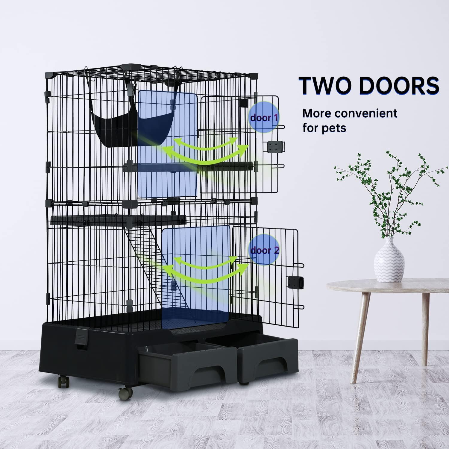 Large Metal Wire Cat Cage with Litter Box & 2 Front Door & Ramp Ladders & 2 Resting Platforms Tray I5908