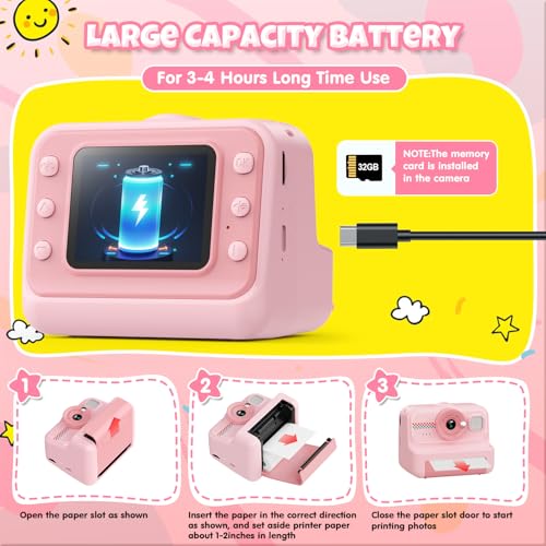 1080P HD Kids Instant Print Camera with 3 Rolls Print Paper & 32GB Card (Black) H258