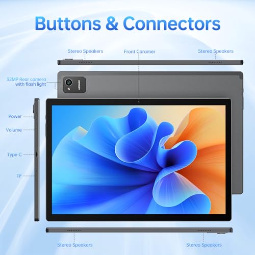 Space Gray 14 Inch Android 13 Tablet with 1200P IPS HD Screen, 8 Core, 6GB+128GB, Wi-Fi 5, 10000mAh Battery, 5MP+32MP Cameras E788