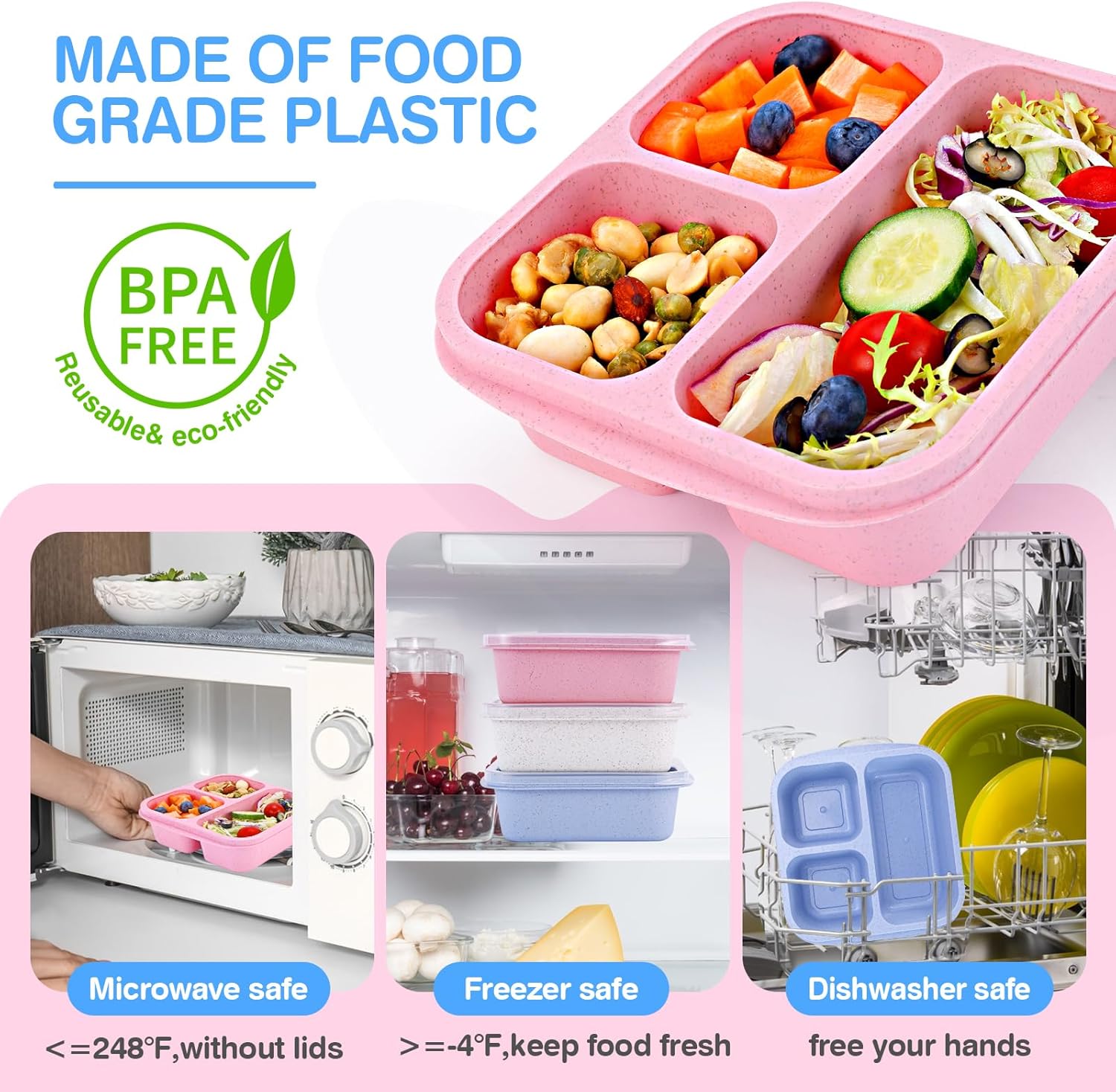 4 Pack 5 Compartments Divided Lunch Containers with Utensils E10570