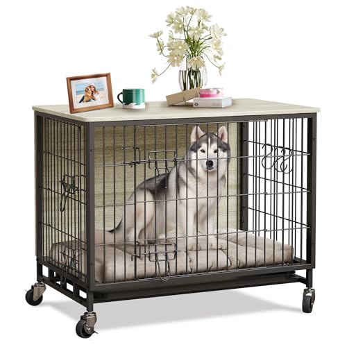 Brown Black Metal Dog Crate with Shelves W34545