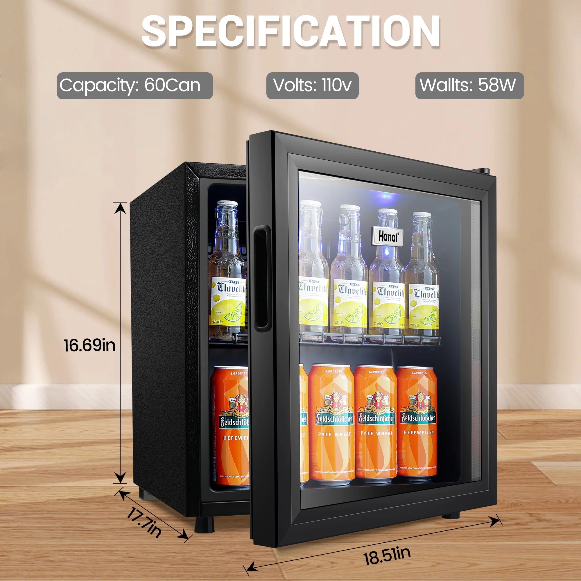 Mini Fridge with Glass Door 50 Can Cooler with Wine Rack, Stainless Steel Look J1212