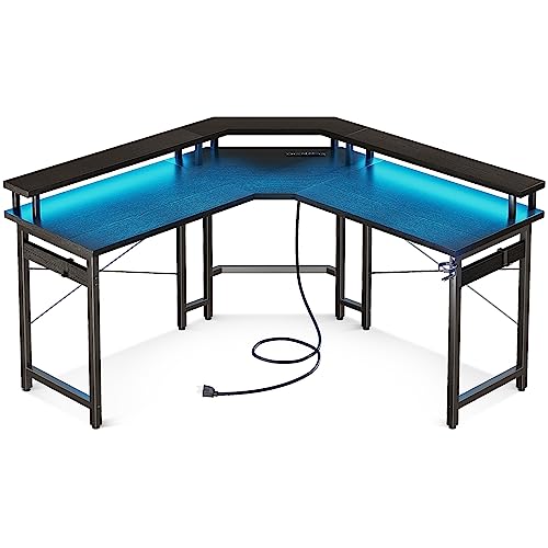 White Carbon Fiber L Shaped Gaming Desk with LED Lights & Power Outlets N316094