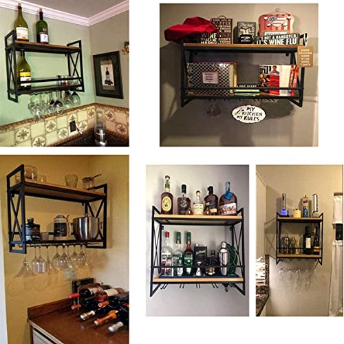 Black 2-Tiers Wood Floating Shelves with 4 Stem Glass F3521