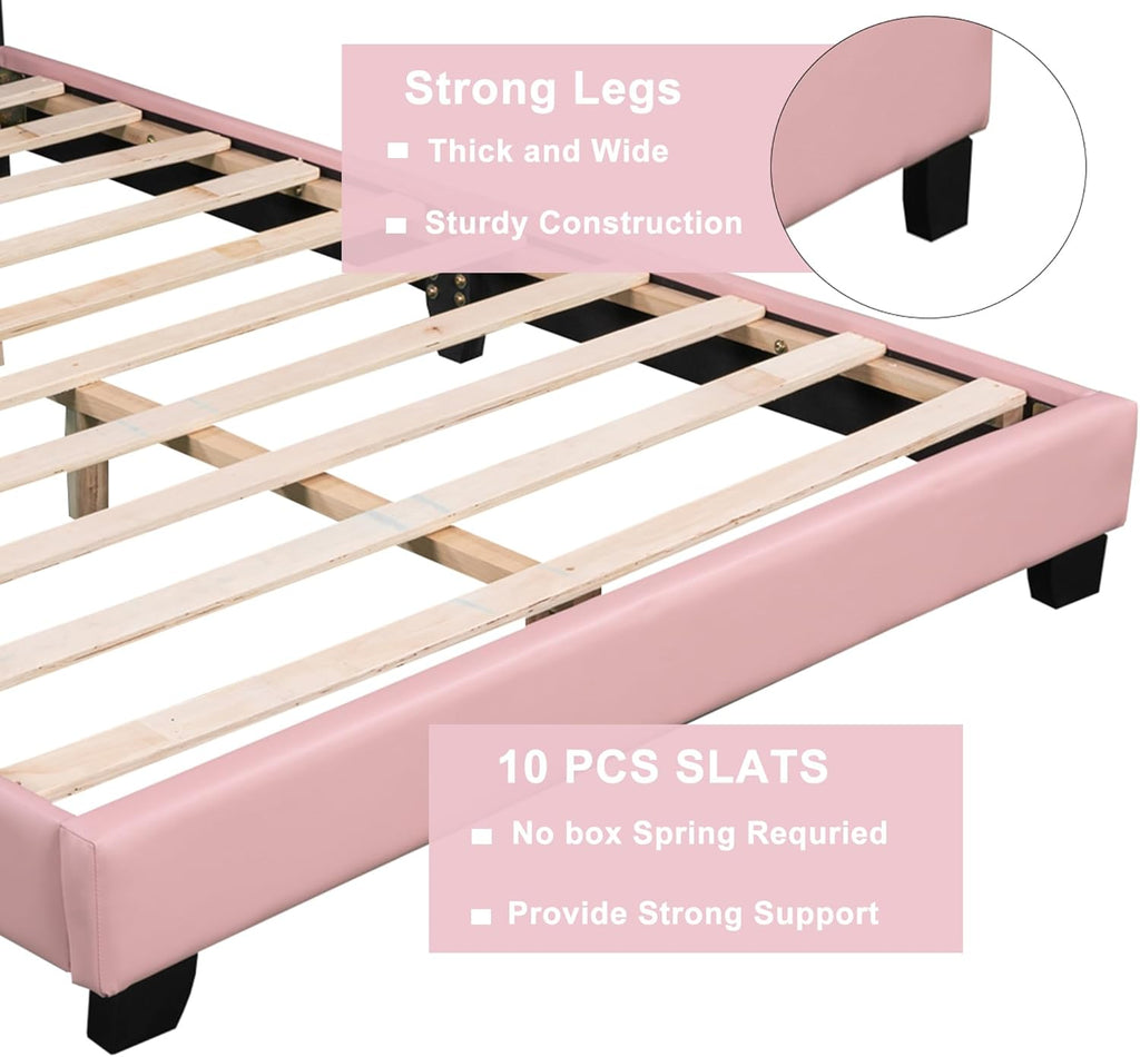 Pink Twin Size PU Upholstered Princess Bed Frame with Crown Headboard G84329
