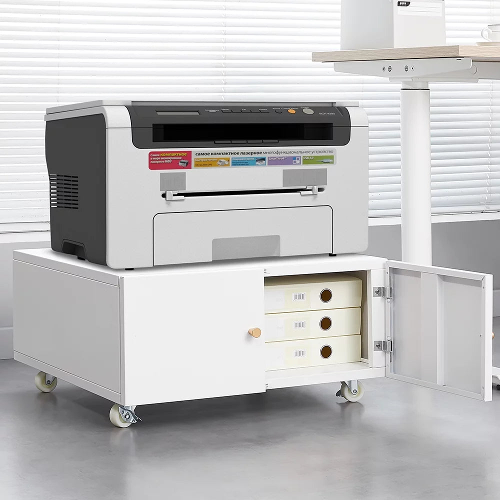 White Printer Stand with Storage Cabinet and Wheels G73557