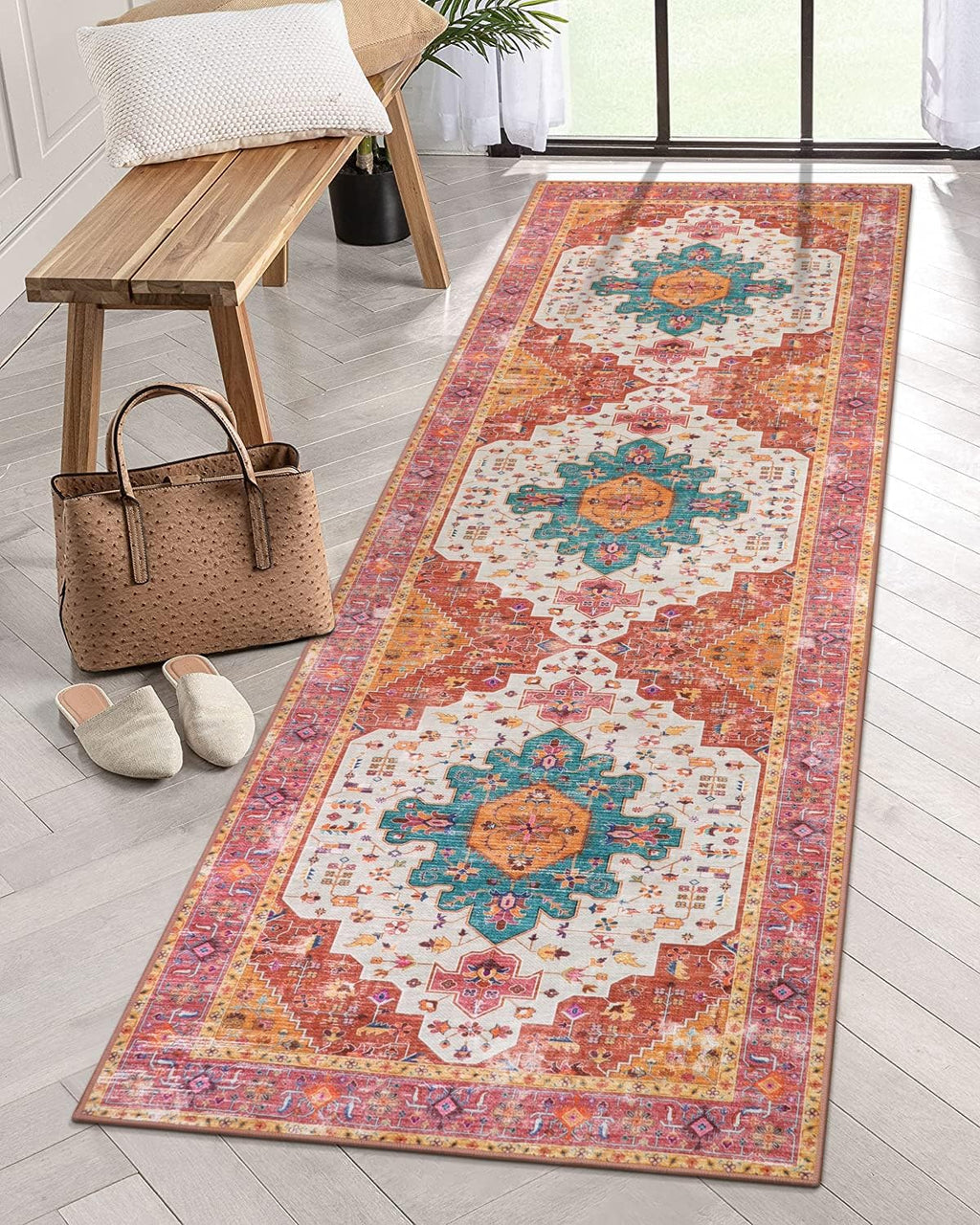 Ultra-Thin Washable Runner Rug - 2x7 Pink Non Skid Low Pile X8481