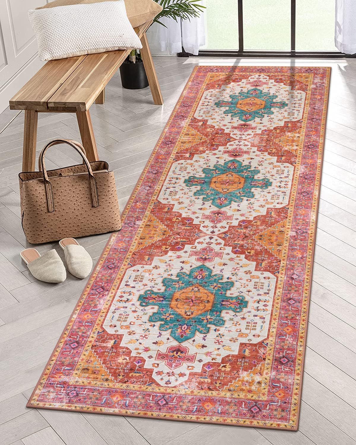 Ultra-Thin Washable Runner Rug - 2x7 Pink Non Skid Low Pile X8481