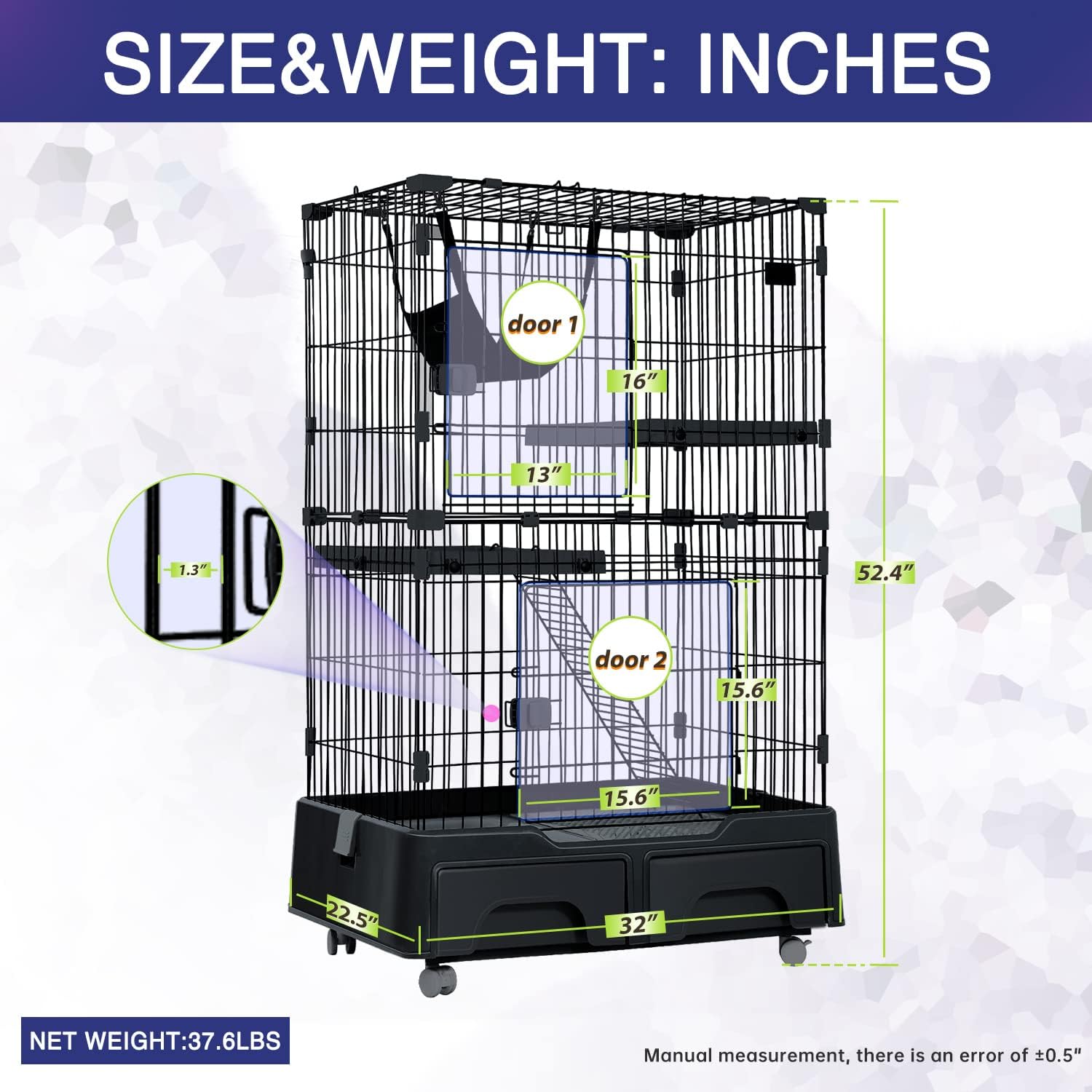 Large Metal Wire Cat Cage with Litter Box & 2 Front Door & Ramp Ladders & 2 Resting Platforms Tray I5908