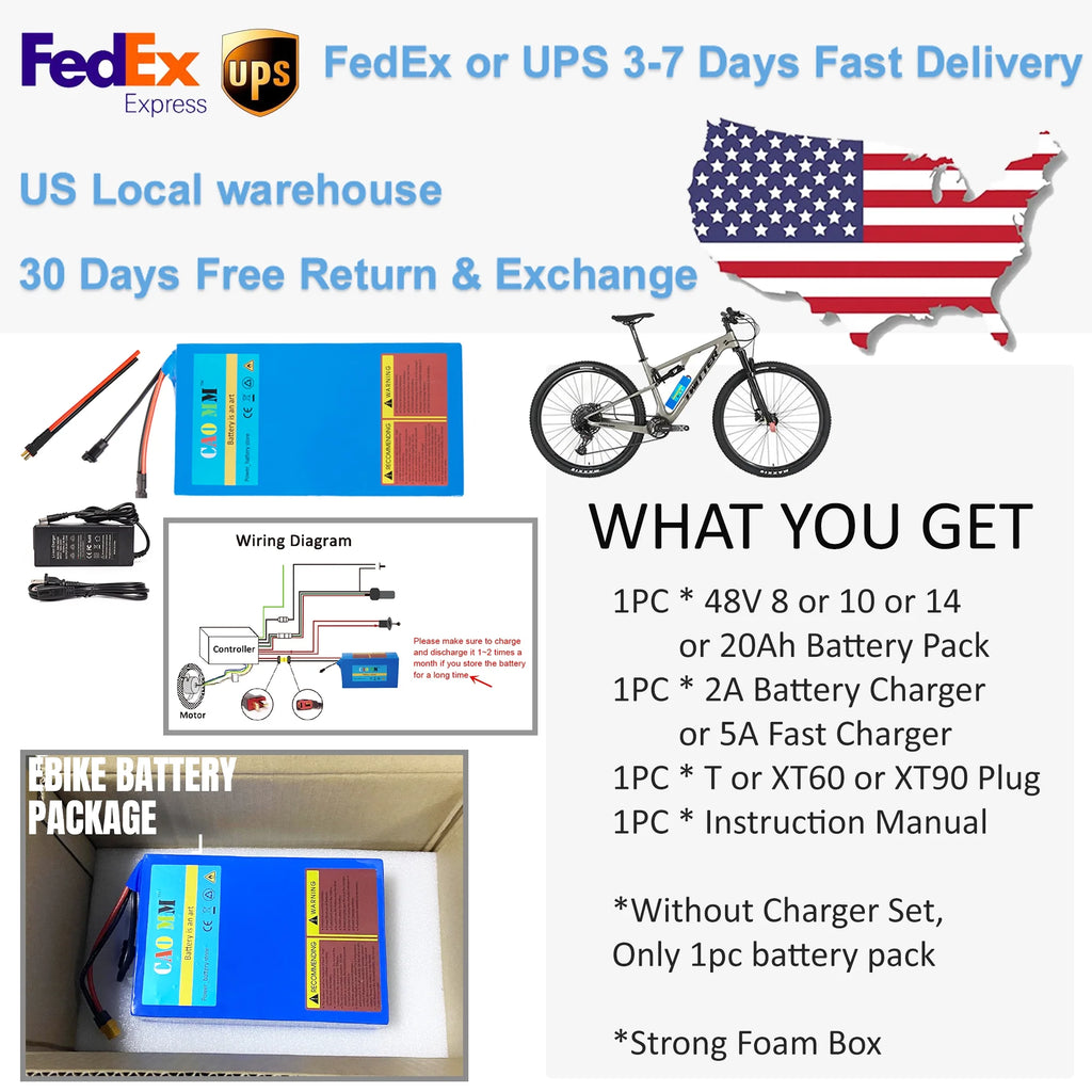 48V 14Ah Lithium Ebike Battery with 5A Fast Charger T Plug L6828