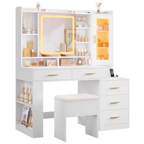White 47.2"W Vanity Desk with Sliding LED Lighted Mirror, Drawers, Shelves and Side Storage R245260