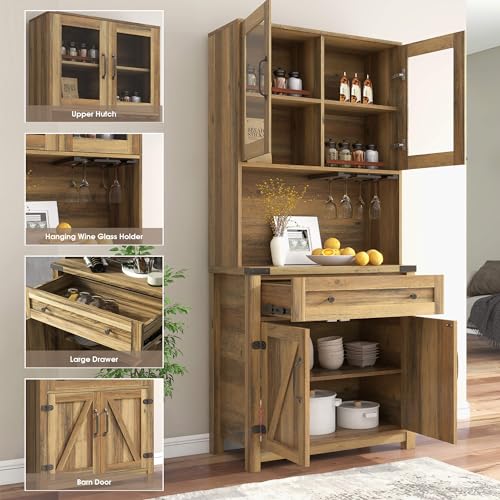 72 inch Tall Kitchen Pantry Cabinet Storage Hutch with Countertop and Doors E5199