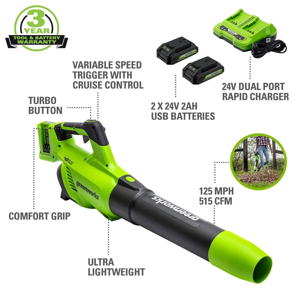 48V Brushless Leaf Blower 515CFM 125MPH with 2 2.0Ah Batteries & 4A Dual Port Charger A1821
