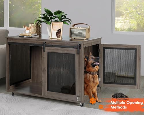 47 Inch Wooden Dog Crate Furniture with Sliding Doors and Wheels E479009
