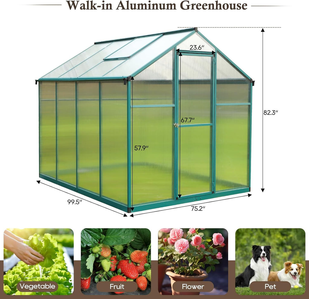 Aluminum Polycarbonate Greenhouse 6'x 8' with Adjustable Roof Vent and Rain Gutter W917979