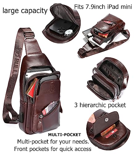 Leather Sling Chest Bag Crossbody Backpack with USB Charging Port Y725