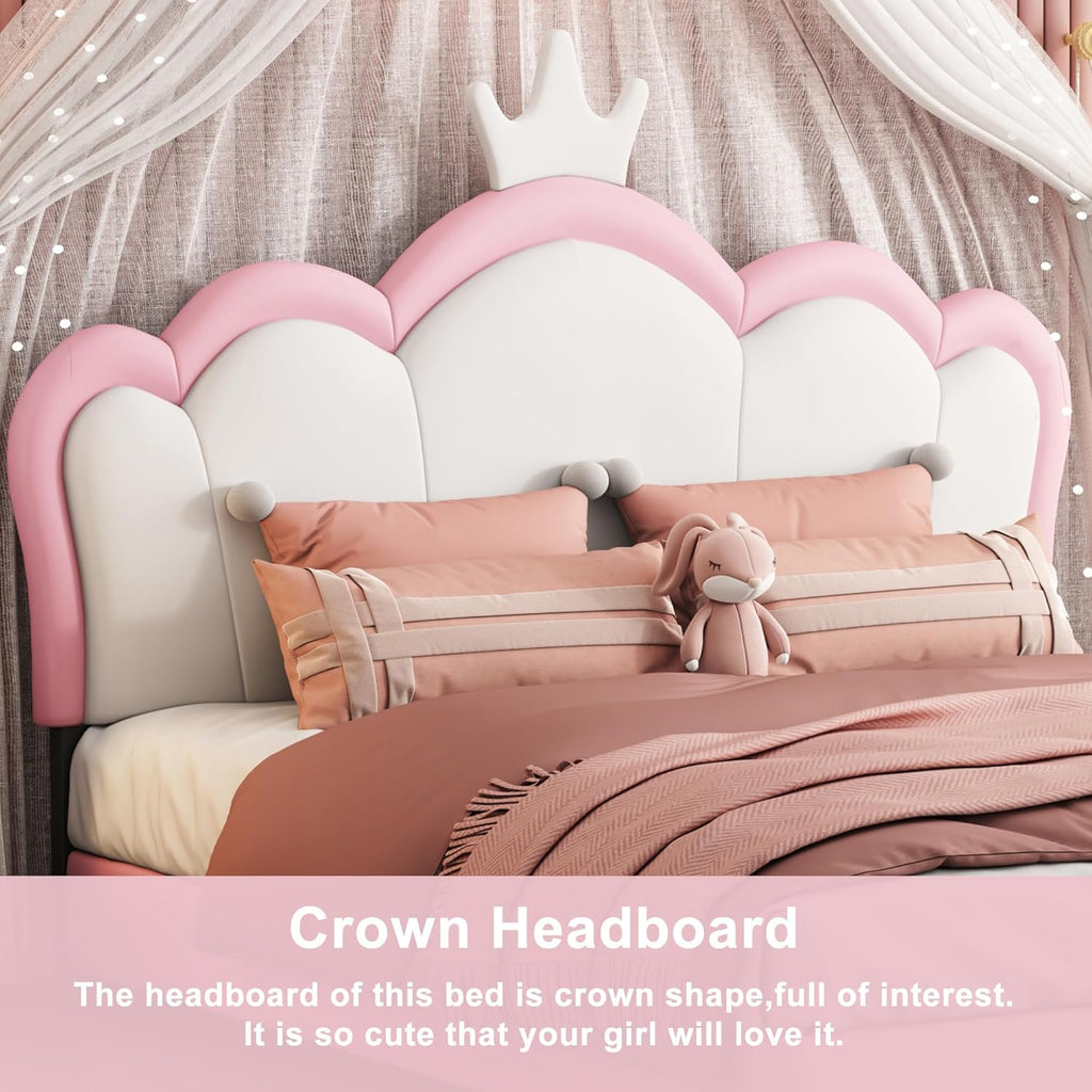 Pink Twin Size PU Upholstered Princess Bed Frame with Crown Headboard G84329