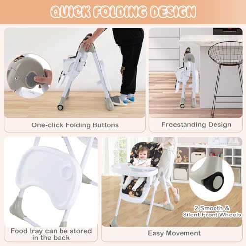 Light Gray Foldable Baby High Chair with Wheels Y924348