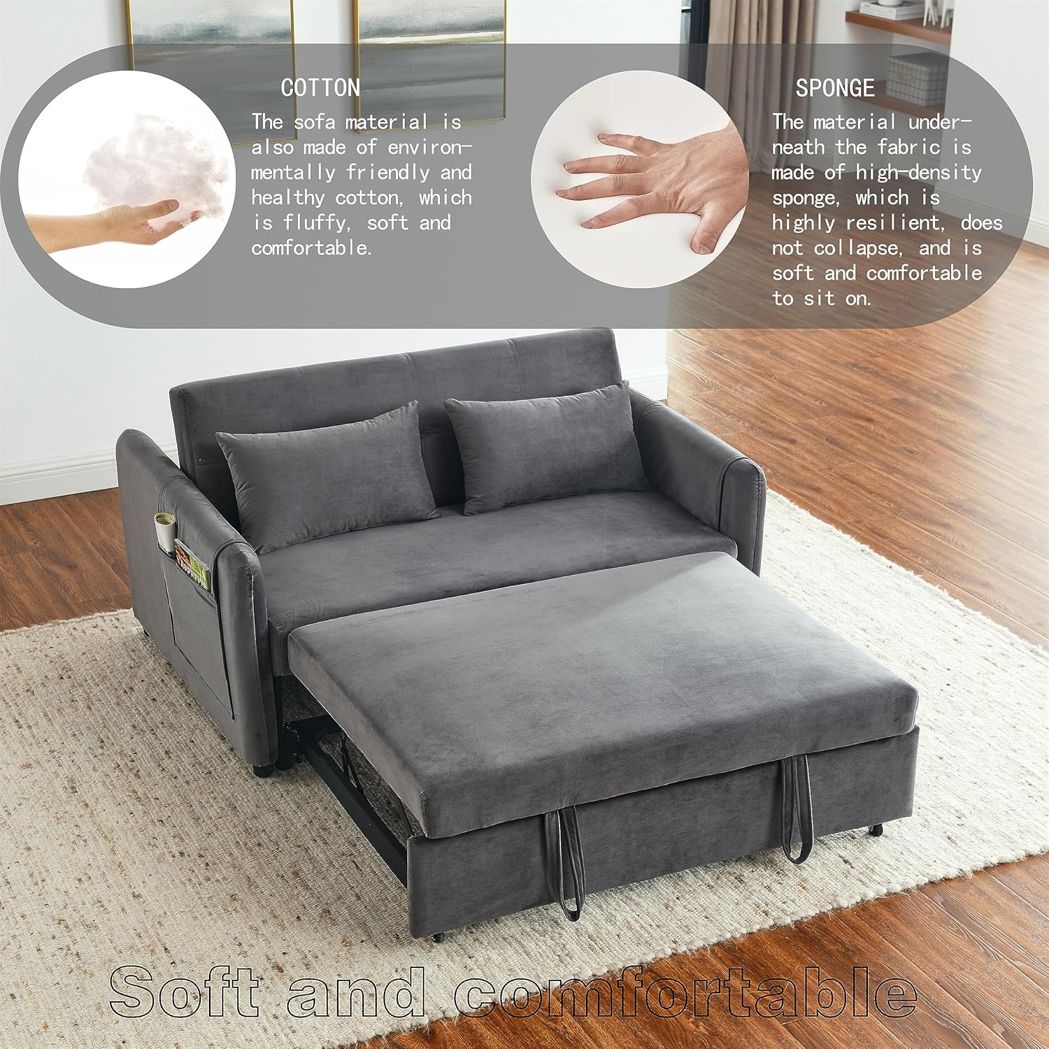 54" 3-in-1 Convertible Sleeper Pull Out Sofa Bed Recliner Grey Z10714