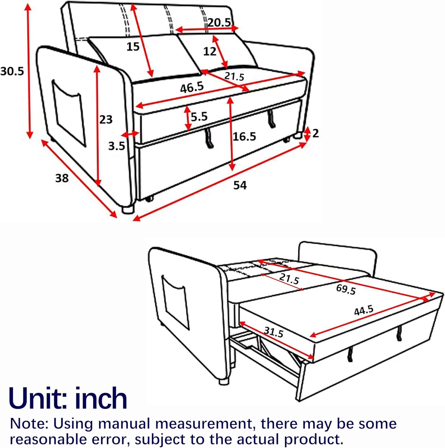 54" 3-in-1 Convertible Sleeper Pull Out Sofa Bed Recliner Grey Z10714