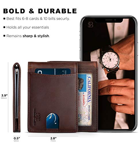 RFID Blocking Slim Bifold Genuine Leather Front Pocket Wallets with Money Clip O867